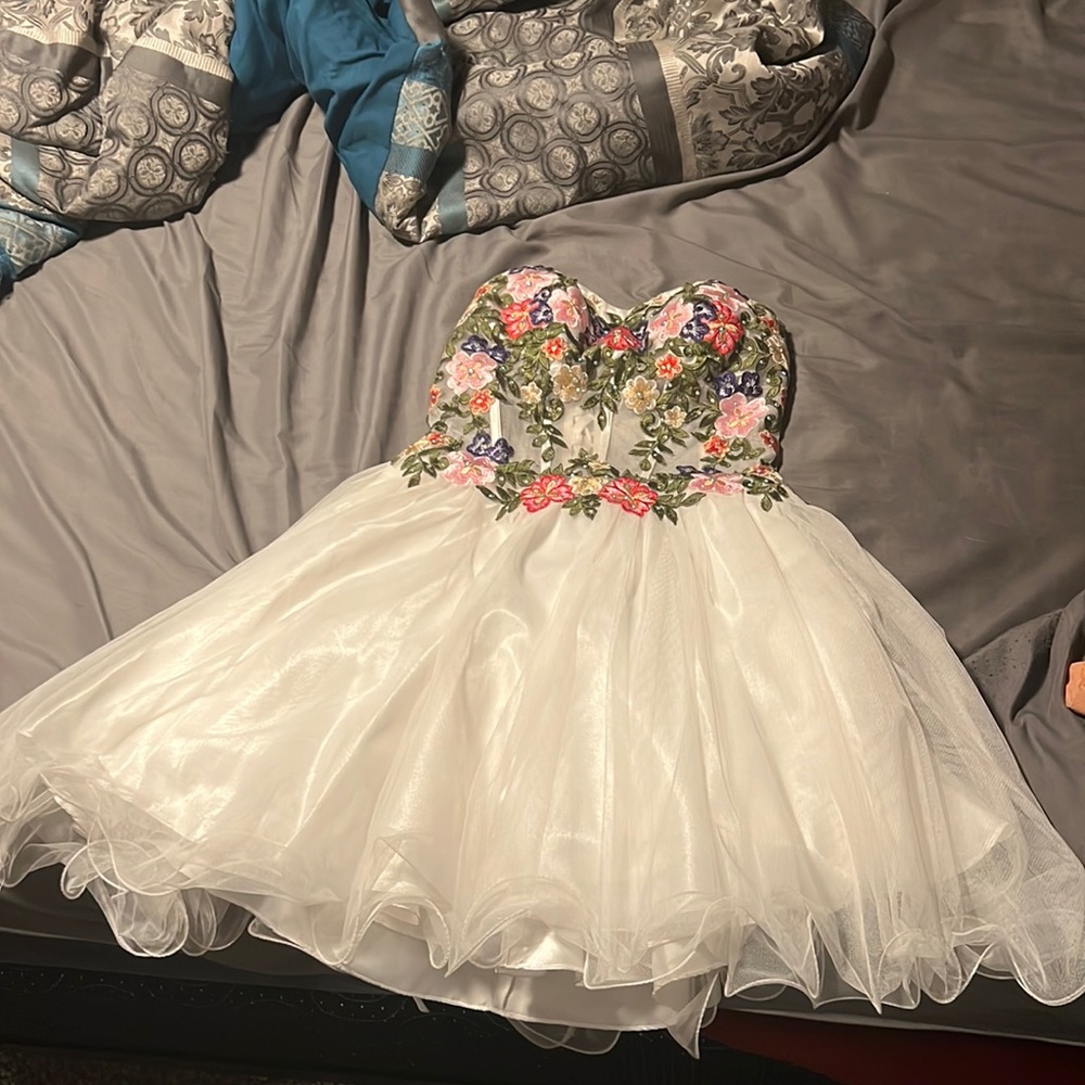 Size 1 Prom Dress White with Flower Mesh Top